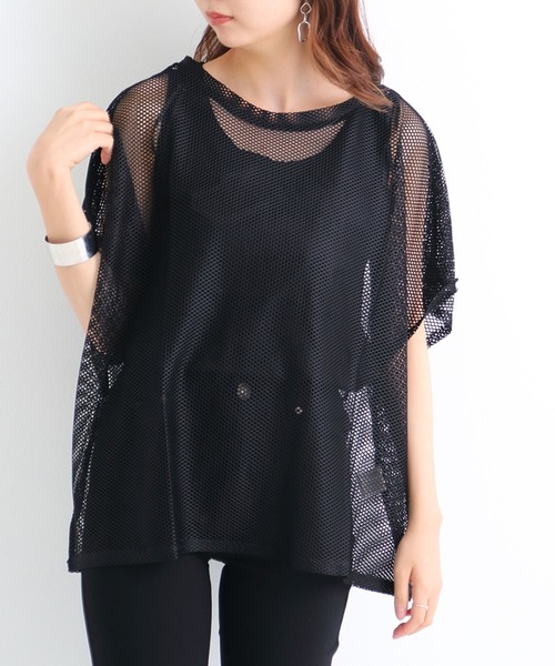 Newlyme(ニューリーミー)の「インナー付メッシュシアートップス(Tシャツ/カットソー・レディース・ブラック/ベージュ/オレンジ・MEDIUM/LARGE)」の1枚目の写真