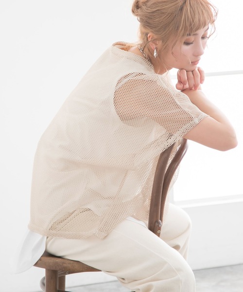 Newlyme(ニューリーミー)の「インナー付メッシュシアートップス(Tシャツ/カットソー・レディース・ブラック/ベージュ/オレンジ・MEDIUM/LARGE)」の4枚目の写真