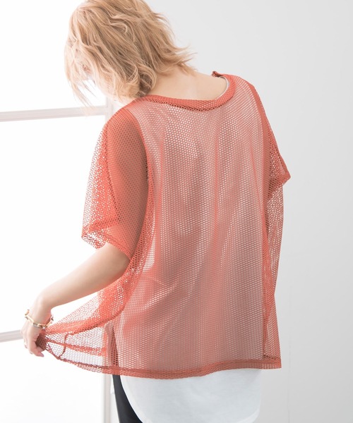 Newlyme(ニューリーミー)の「インナー付メッシュシアートップス(Tシャツ/カットソー・レディース・ブラック/ベージュ/オレンジ・MEDIUM/LARGE)」の6枚目の写真