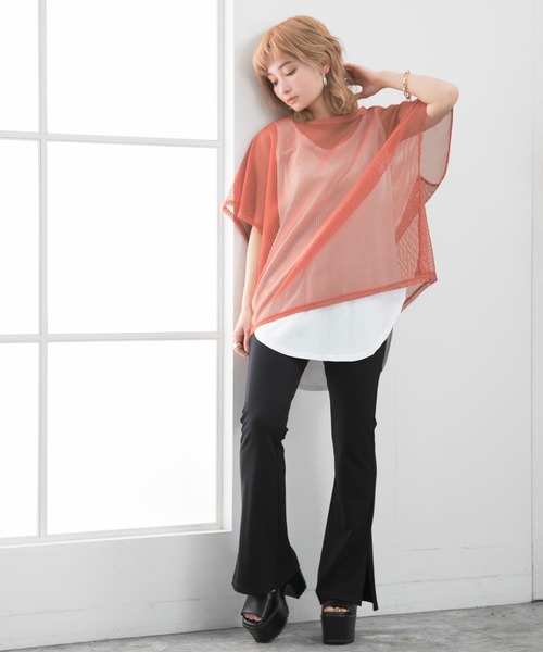 Newlyme(ニューリーミー)の「インナー付メッシュシアートップス(Tシャツ/カットソー・レディース・ブラック/ベージュ/オレンジ・MEDIUM/LARGE)」の7枚目の写真