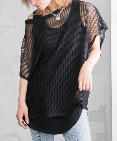 Newlyme(ニューリーミー)の「インナー付メッシュシアートップス(Tシャツ/カットソー・レディース・ブラック/ベージュ/オレンジ・MEDIUM/LARGE)」の21枚目の写真