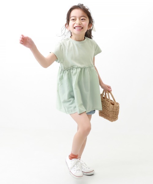 devirock(デビロック)の「異素材切替Aライン半袖チュニック(Tシャツ/カットソー・キッズ・ライトグレー/ブラック/グリーン系その他・110cm/100cm/120cm/130cm/140cm/150cm/160cm)」の14枚目の写真