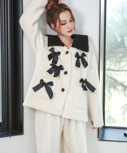 OSYAREVO（オシャレボ）の「スクエアカラー ボアリボン ルームウェア（ルームウェア/パジャマ・レディース・ホワイト/ピンク・FREE）」の10枚目の写真