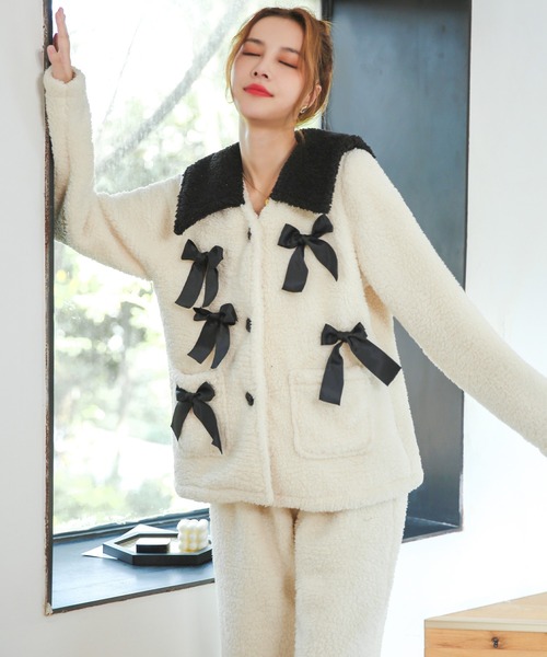 OSYAREVO（オシャレボ）の「スクエアカラー ボアリボン ルームウェア（ルームウェア/パジャマ・レディース・ホワイト/ピンク・FREE）」の11枚目の写真