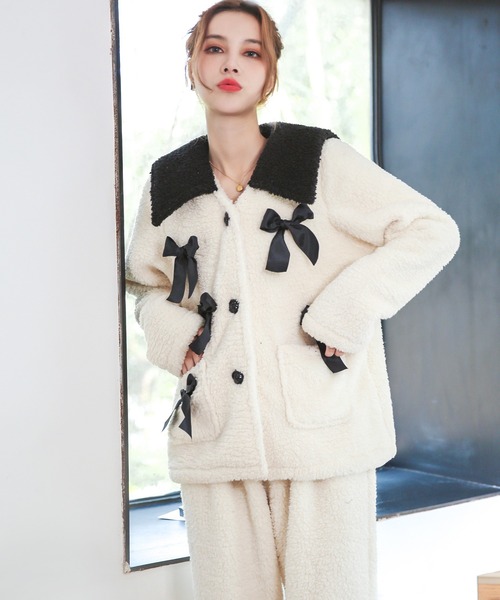 OSYAREVO（オシャレボ）の「スクエアカラー ボアリボン ルームウェア（ルームウェア/パジャマ・レディース・ホワイト/ピンク・FREE）」の9枚目の写真