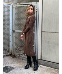 配色リブタイトニットワンピース