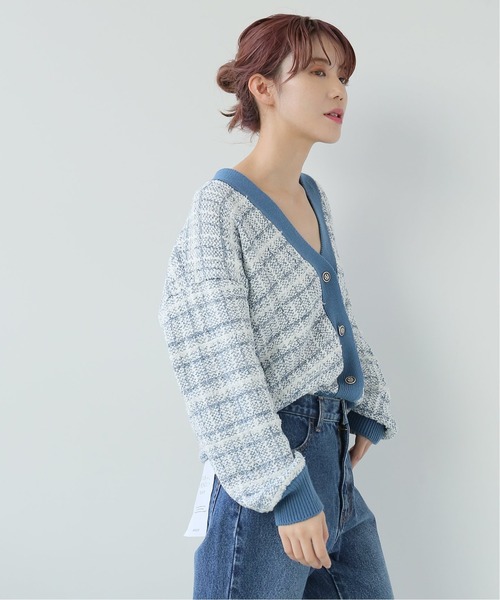 Simplicite（サンプリシテ）の「ツイードジャガード ニットカーディガン◆（カーディガン/ボレロ・レディース・ブラック/ブルー・FREE）」の3枚目の写真