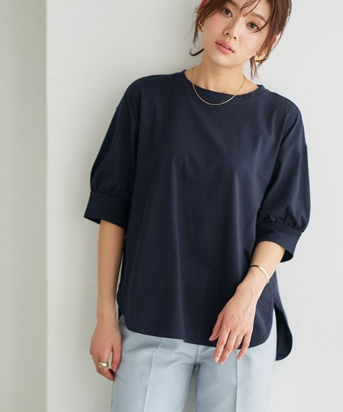 Pierrot(ピエロ)の「パフスリーブチュニックTシャツ(Tシャツ/カットソー・レディース・チャコール/オフホワイト/ブルー系その他/ブラック/グレイッシュベージュ/イエロー系その他/ネイビー/ミント/サンドベージュ/ライトピンク/イエロー系その他2/ブルー・L/M)」の1枚目の写真