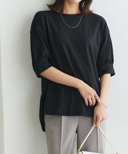 Pierrot(ピエロ)の「パフスリーブチュニックTシャツ(Tシャツ/カットソー・レディース・チャコール/オフホワイト/ブルー系その他/ブラック/グレイッシュベージュ/イエロー系その他/ネイビー/ミント/サンドベージュ/ライトピンク/イエロー系その他2/ブルー・L/M)」の3枚目の写真