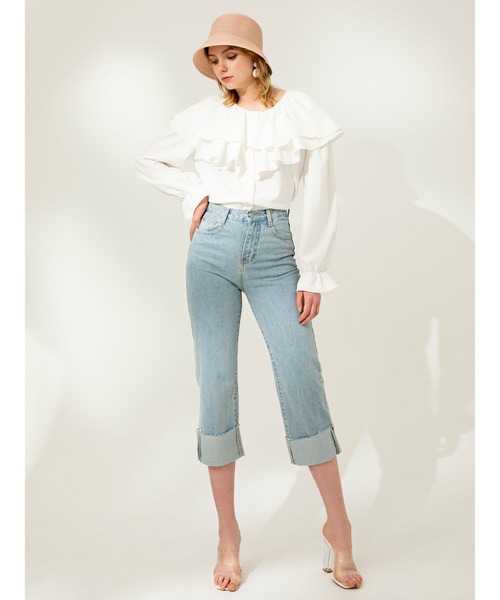 DURAS(デュラス)の「折り返しデニムストレートパンツ(デニムパンツ・レディース・ライトインディゴブルー・SMALL/MEDIUM)」の2枚目の写真