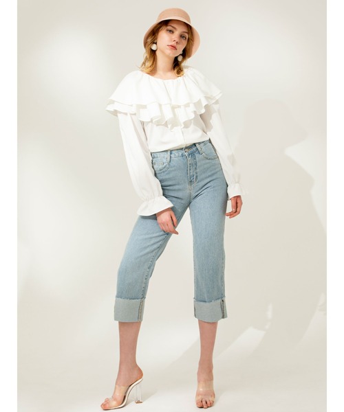 DURAS(デュラス)の「折り返しデニムストレートパンツ(デニムパンツ・レディース・ライトインディゴブルー・SMALL/MEDIUM)」の8枚目の写真