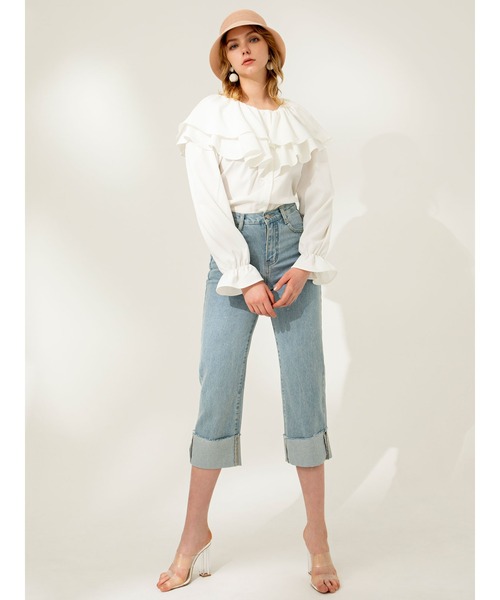 DURAS(デュラス)の「折り返しデニムストレートパンツ(デニムパンツ・レディース・ライトインディゴブルー・SMALL/MEDIUM)」の6枚目の写真