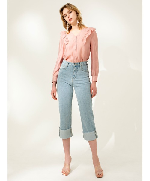 DURAS(デュラス)の「折り返しデニムストレートパンツ(デニムパンツ・レディース・ライトインディゴブルー・SMALL/MEDIUM)」の13枚目の写真