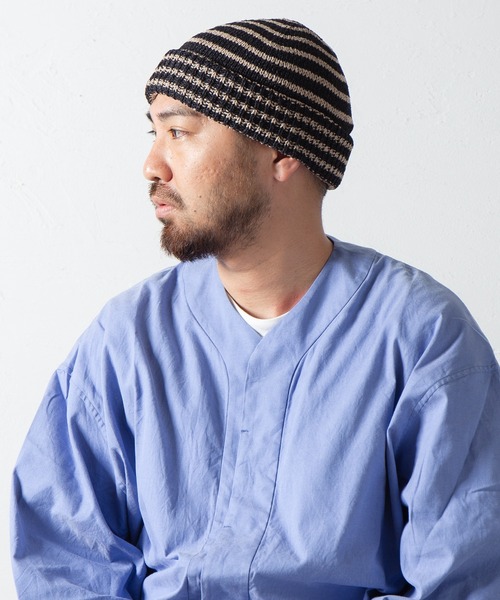 RACAL(ラカル)の「和紙混紡ボーダーニットワッチ / Japanese Paper Blend Knit Watch(ニットキャップ/ビーニー・メンズ・ブラック×ベージュ/グレー系その他/ネイビー系2/ブラウン系その他/ネイビー系1・FREE)」の2枚目の写真
