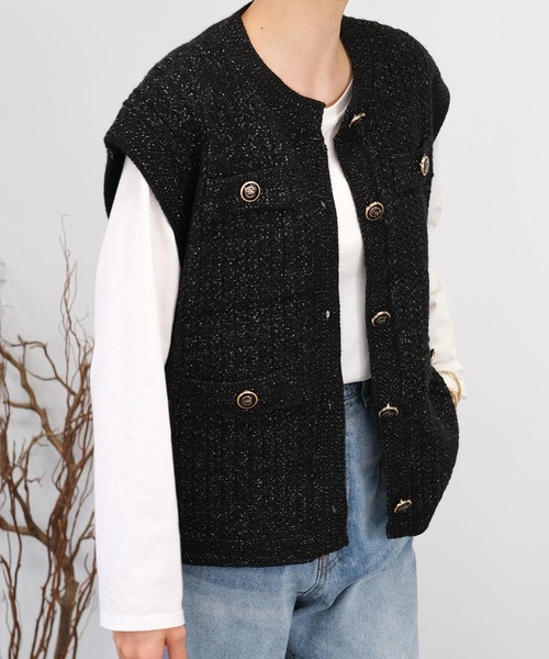 ＡＮＤＪ（アンドジェイ）の「【2022/AW】【ANDJ MADE】ジャガード編みツイードラメニットベスト（ベスト・レディース・ブラック/オフホワイト・M）」の7枚目の写真