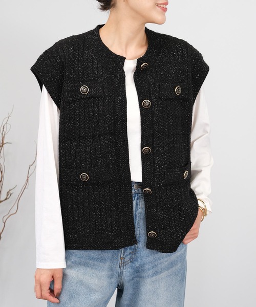 ＡＮＤＪ（アンドジェイ）の「【2022/AW】【ANDJ MADE】ジャガード編みツイードラメニットベスト（ベスト・レディース・ブラック/オフホワイト・M）」の14枚目の写真