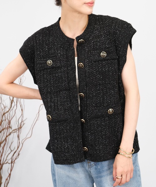 ＡＮＤＪ（アンドジェイ）の「【2022/AW】【ANDJ MADE】ジャガード編みツイードラメニットベスト（ベスト・レディース・ブラック/オフホワイト・M）」の5枚目の写真