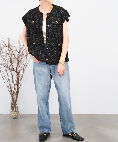 ＡＮＤＪ（アンドジェイ）の「【2022/AW】【ANDJ MADE】ジャガード編みツイードラメニットベスト（ベスト・レディース・ブラック/オフホワイト・M）」の8枚目の写真