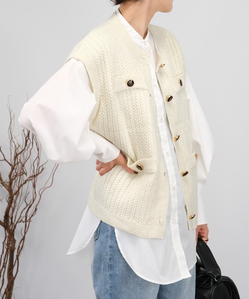 ＡＮＤＪ（アンドジェイ）の「【2022/AW】【ANDJ MADE】ジャガード編みツイードラメニットベスト（ベスト・レディース・ブラック/オフホワイト・M）」の4枚目の写真