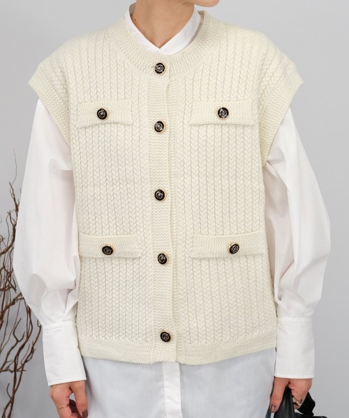 ＡＮＤＪ（アンドジェイ）の「【2022/AW】【ANDJ MADE】ジャガード編みツイードラメニットベスト（ベスト・レディース・ブラック/オフホワイト・M）」の9枚目の写真