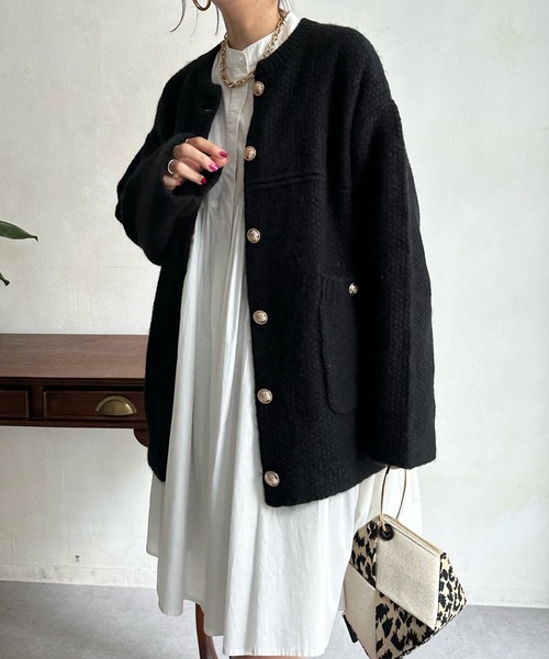 DouDou（ドゥドゥ）の「【WEB限定】メランジニットジャケット（ノーカラージャケット・レディース・ブラック/モカ・FREE）」の2枚目の写真