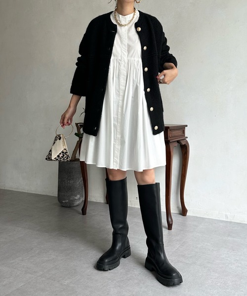 DouDou（ドゥドゥ）の「【WEB限定】メランジニットジャケット（ノーカラージャケット・レディース・ブラック/モカ・FREE）」の3枚目の写真