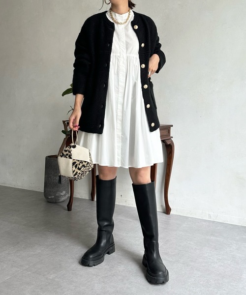 DouDou（ドゥドゥ）の「【WEB限定】メランジニットジャケット（ノーカラージャケット・レディース・ブラック/モカ・FREE）」の4枚目の写真