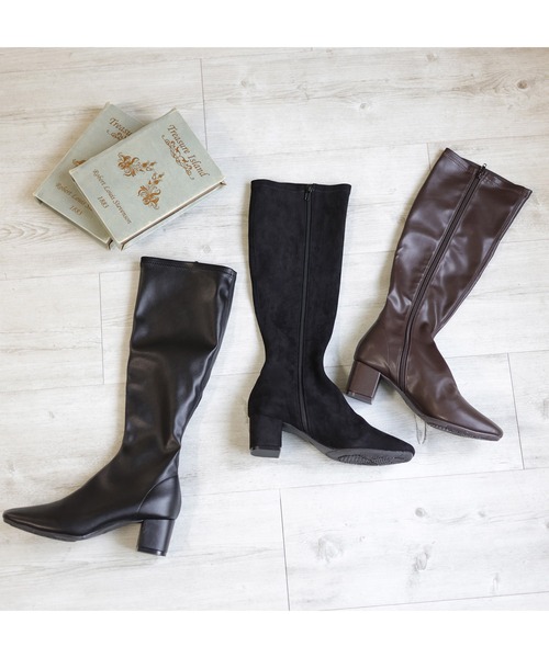 tocco closet（トッコ　クローゼット）の「ストレッチフェイクレザー太ヒールロングブーツ（ブーツ・レディース・ブラック/ダークブラック/ダークブラウン・M/L/S/LL）」の6枚目の写真