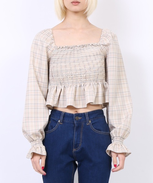 PUNYUS（プニュズ）の「シャーリングショートブラウス（シャツ/ブラウス・レディース・ピンク/グレー/ベージュ・1/2/3/4）」の9枚目の写真