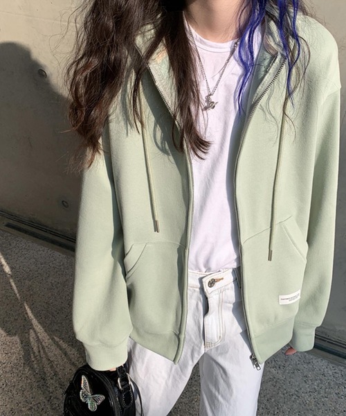 DAY CLOSET（デイ クローゼット）の「レディース スリットポッケのジップアップフードパーカー（パーカー・レディース・ネイビー/グレー/ブルー/グリーン/キナリ・ONE SIZE）」の4枚目の写真