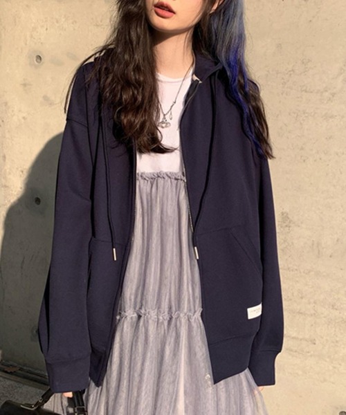 DAY CLOSET（デイ クローゼット）の「レディース スリットポッケのジップアップフードパーカー（パーカー・レディース・ネイビー/グレー/ブルー/グリーン/キナリ・ONE SIZE）」の15枚目の写真