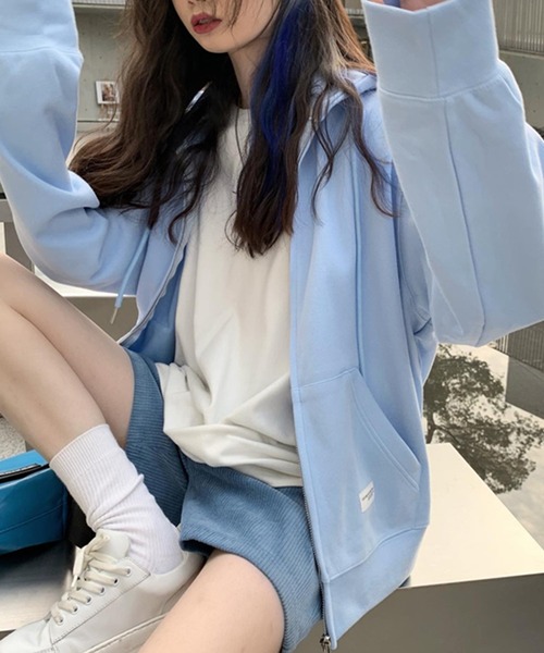 DAY CLOSET（デイ クローゼット）の「レディース スリットポッケのジップアップフードパーカー（パーカー・レディース・ネイビー/グレー/ブルー/グリーン/キナリ・ONE SIZE）」の19枚目の写真