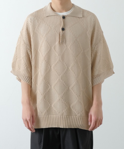 NULL（ヌル）の「【NULL】レース編み ポロシャツ（ポロシャツ・メンズ・グレイッシュベージュ/ブラック/グリーン・MEDIUM/LARGE）」の3枚目の写真