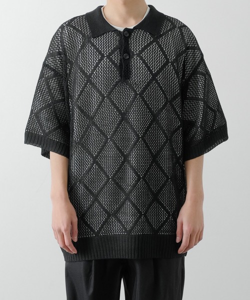 NULL（ヌル）の「【NULL】レース編み ポロシャツ（ポロシャツ・メンズ・グレイッシュベージュ/ブラック/グリーン・MEDIUM/LARGE）」の2枚目の写真