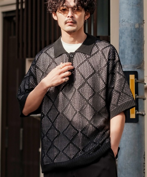 NULL（ヌル）の「【NULL】レース編み ポロシャツ（ポロシャツ・メンズ・グレイッシュベージュ/ブラック/グリーン・MEDIUM/LARGE）」の4枚目の写真