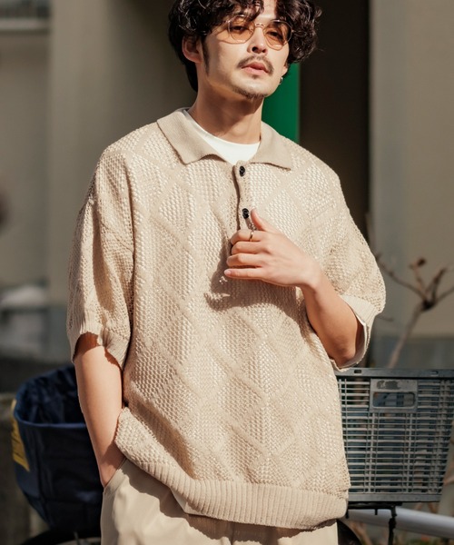 NULL（ヌル）の「【NULL】レース編み ポロシャツ（ポロシャツ・メンズ・グレイッシュベージュ/ブラック/グリーン・MEDIUM/LARGE）」の5枚目の写真