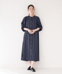 <手洗い可能>ストライプフレアシャツワンピース