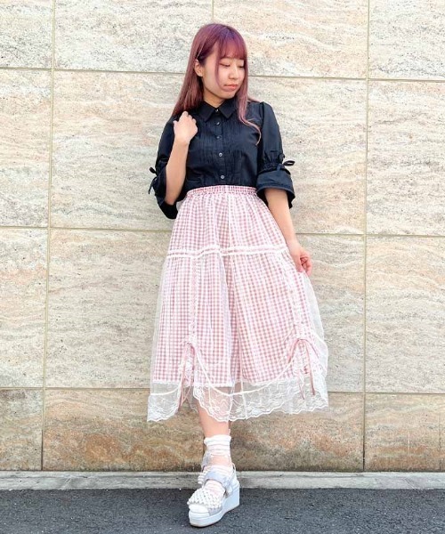 axes femme POETIQUE(アクシーズファムポエティック)の「チュール×ギンガムスカート(スカート・レディース・ブラック/ブラウン/ピンク・MEDIUM)」の3枚目の写真
