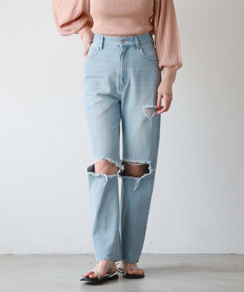 archives（アルシーヴ）の「クラッシュダメージデニム（デニムパンツ・レディース・ブルー/サックスブルー・SMALL/MEDIUM）」の9枚目の写真