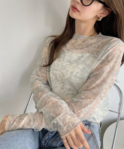 Ada.（エイダ）の「春夏で活躍♪大人カジュアル！ ニュアンス パターン シアー トップス（Tシャツ/カットソー・レディース・ブルー系その他/ブラウン/イエロー/ダークグレー/グリーン/ネイビー/ライトブラウン/カーキ・FREE）」の5枚目の写真