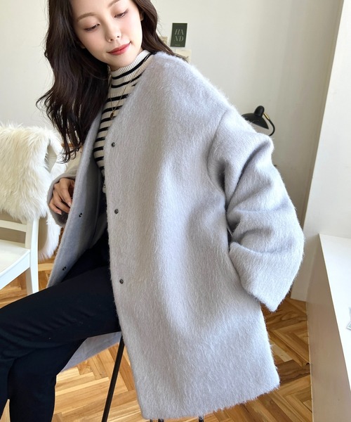 NOALノアル♡シャギーコート　ノーカラージャケット　グレージュ 楽天市場】 アウター > コート : NOAHL-ノアル