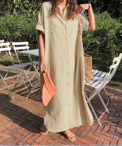 PRIVATE  BEACH（プライベートビーチ）の「ロングシャツワンピース（シャツワンピース・レディース・ベージュ/チャコールグレー/ピンク/マスタード・L/M）」の13枚目の写真