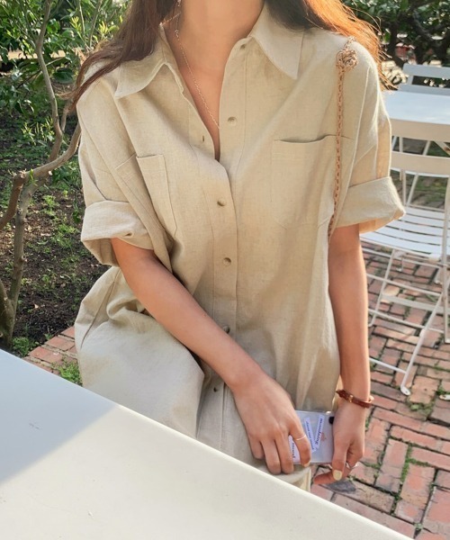 PRIVATE  BEACH（プライベートビーチ）の「ロングシャツワンピース（シャツワンピース・レディース・ベージュ/チャコールグレー/ピンク/マスタード・L/M）」の12枚目の写真