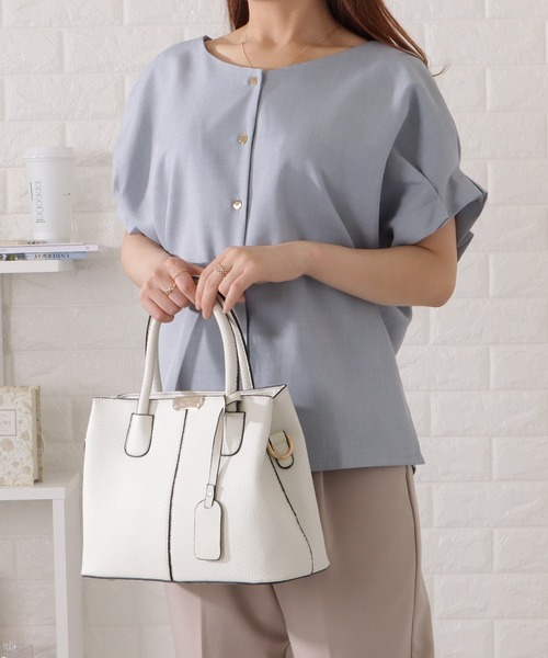 Lace Ladies（レースレディース）の「Vネック半袖フリルプルオーバー（シャツ/ブラウス・レディース・ブラック/ブルーグレー/ベージュ/ピンク系・S/FREE）」の5枚目の写真