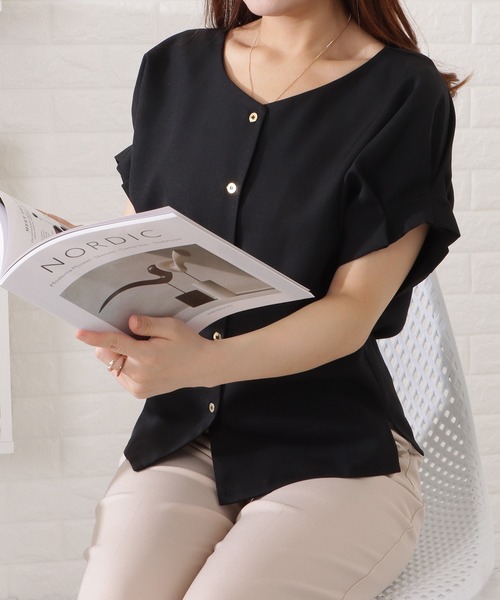 Lace Ladies（レースレディース）の「Vネック半袖フリルプルオーバー（シャツ/ブラウス・レディース・ブラック/ブルーグレー/ベージュ/ピンク系・S/FREE）」の18枚目の写真