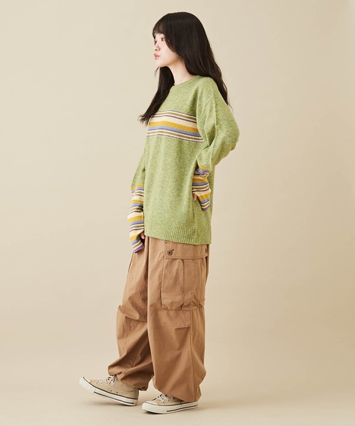 CUBE SUGAR（キューブシュガー）の「ラメボーダーライン切替プルオーバーニット（ニット/セーター・レディース・ブラウン/ライム/ブルー・M）」の11枚目の写真