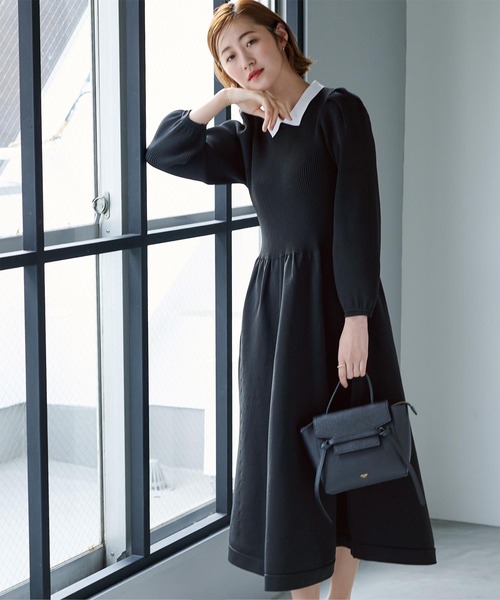 【リムアーク】パフスリーブニットワンピース ブラック ロング丈 ニットワンピース リムアーク】パフスリーブニットワンピース ブラック ロング丈 ニット