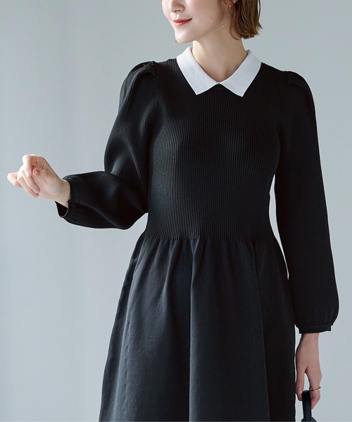 UR'S(ユアーズ)の「襟付パフスリーブニットワンピース(ワンピース・レディース・ネイビー/ブラック・S/L/M)」の8枚目の写真