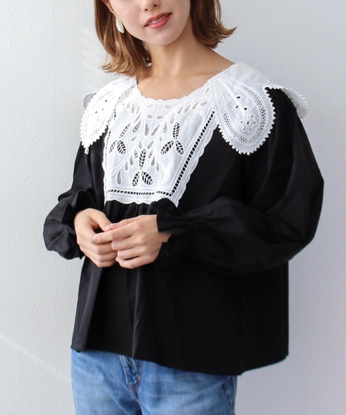 Three Four Time(スリーフォータイム)の「デザインカラーブラウス(シャツ/ブラウス・レディース・ブラック/オフホワイト・FREE)」の4枚目の写真