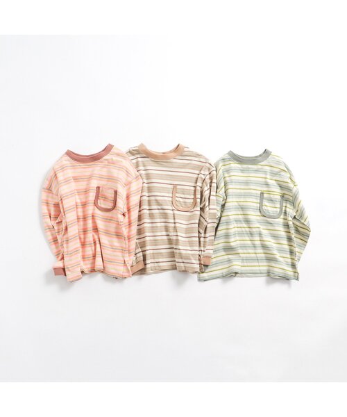 p.premier（ピードットプルミエ）の「先染めボーダーポケット長袖Tシャツ（Tシャツ/カットソー・キッズ・ピンク/ベージュ/ミント・80/90/100/110/120/130/140）」の4枚目の写真